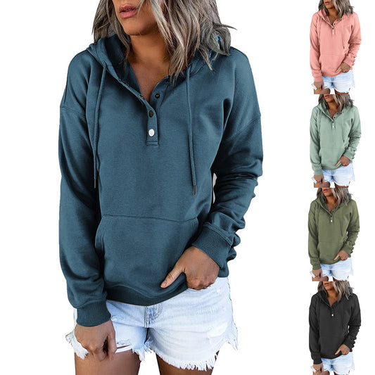 Drawstring Hooded Pocket Casual Long Sleeve V Neck Sweatshirt -Women’s