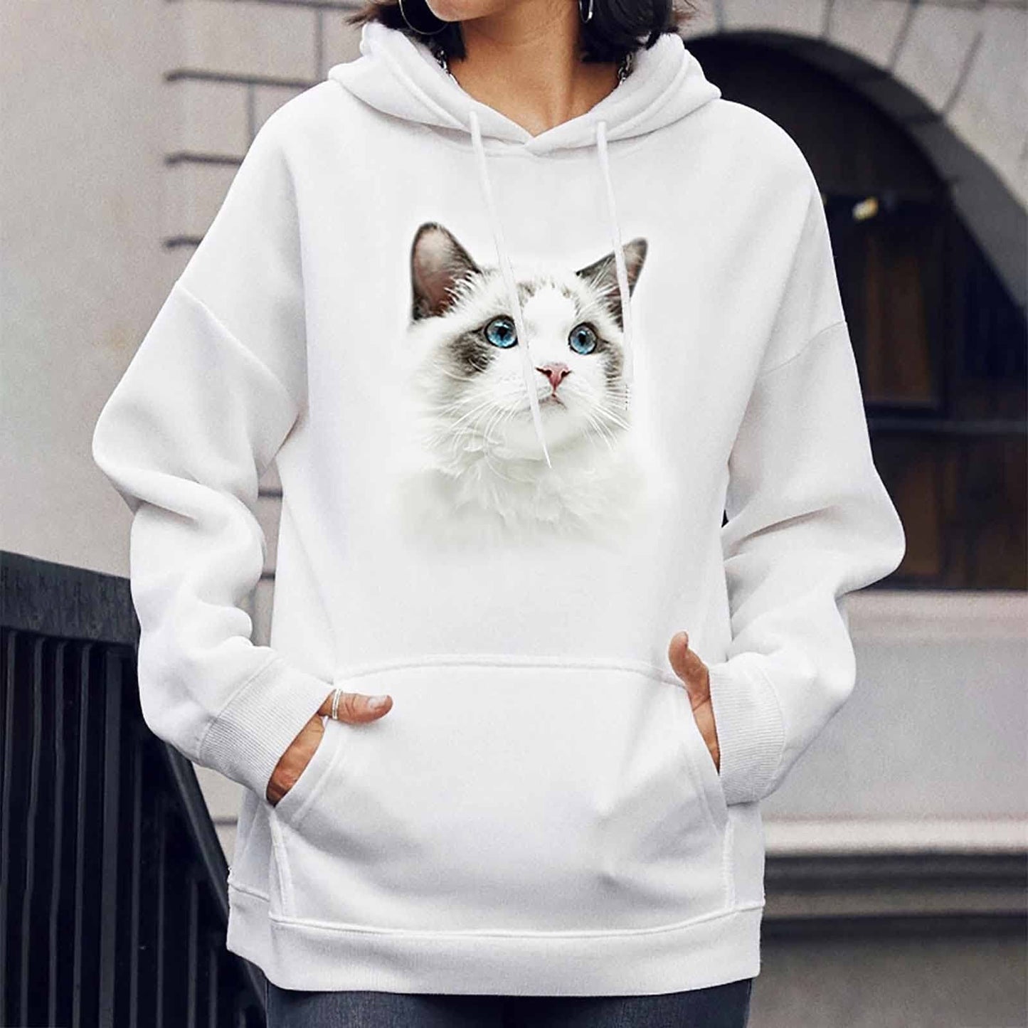 Cat Print Pocket Hoodie-Women’s