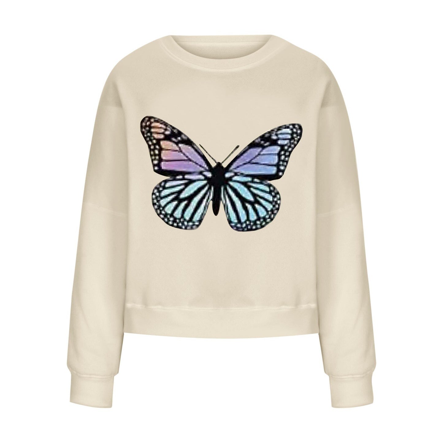Butterfly Print Hoodie Round Neck Long Sleeve -Women’s