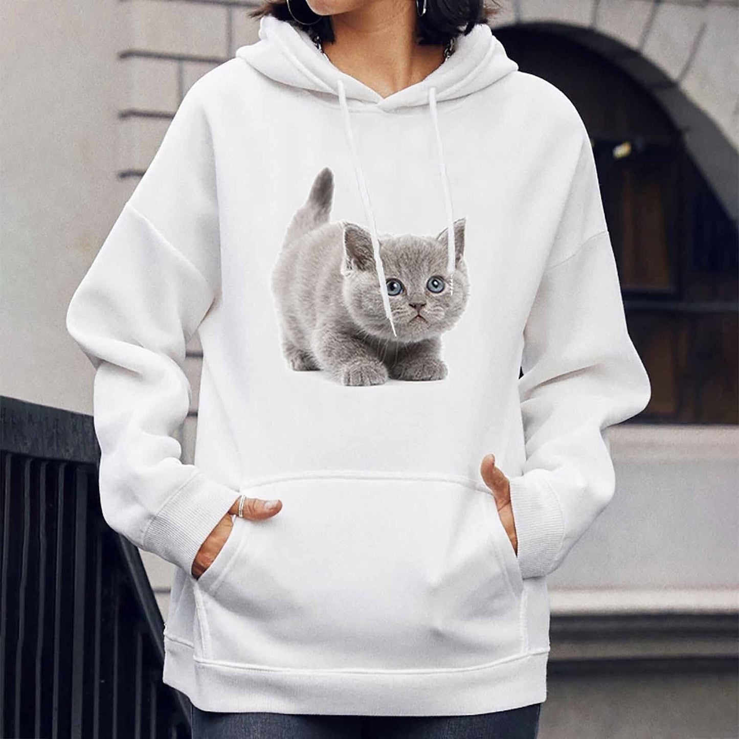 Cat Print Pocket Hoodie-Women’s