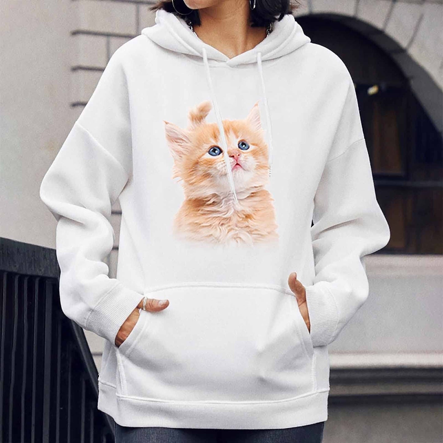 Cat Print Pocket Hoodie-Women’s