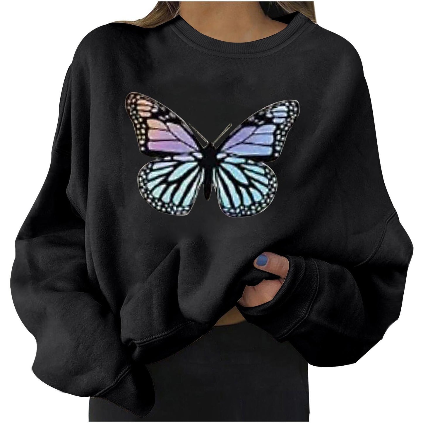 Butterfly Print Hoodie Round Neck Long Sleeve -Women’s