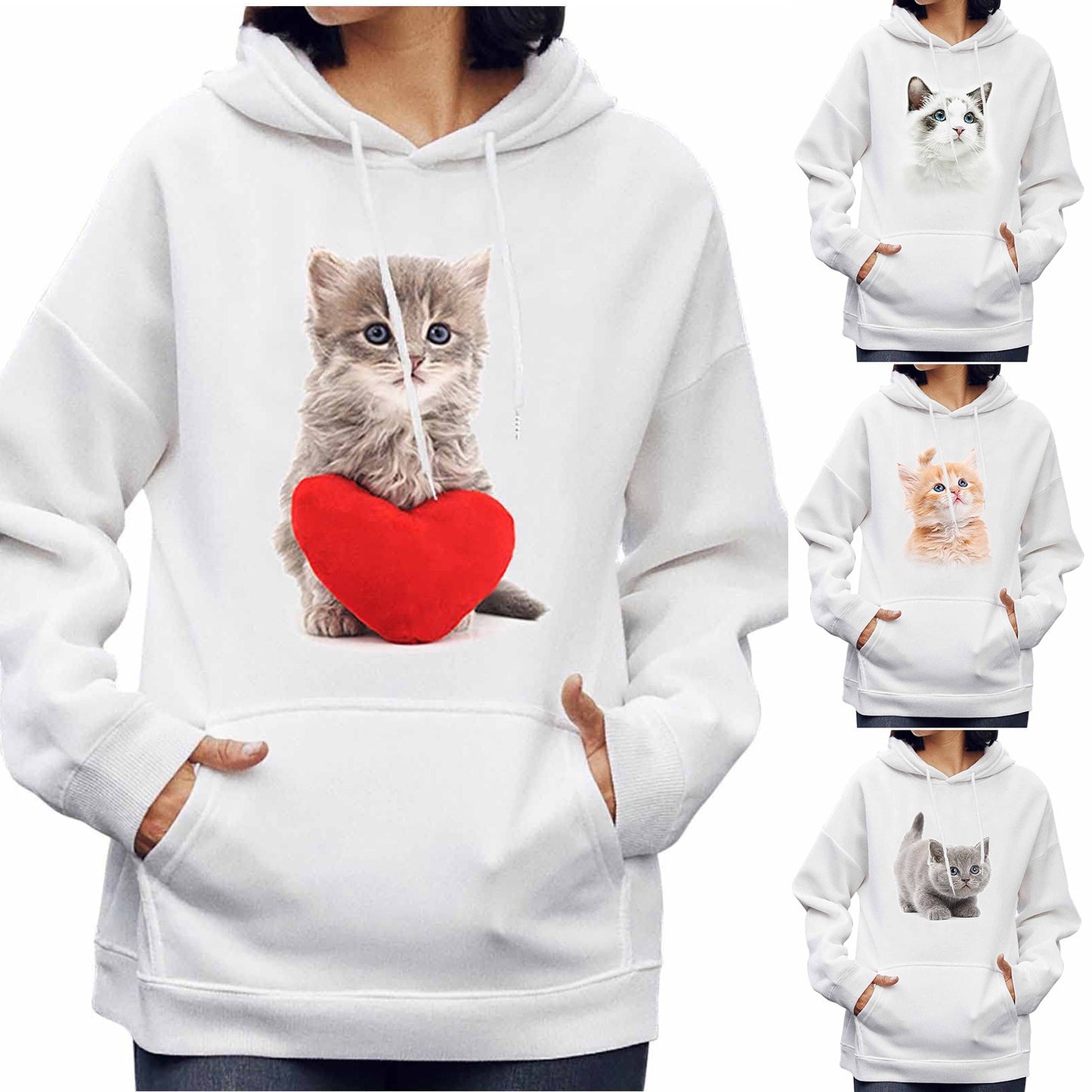 Cat Print Pocket Hoodie-Women’s