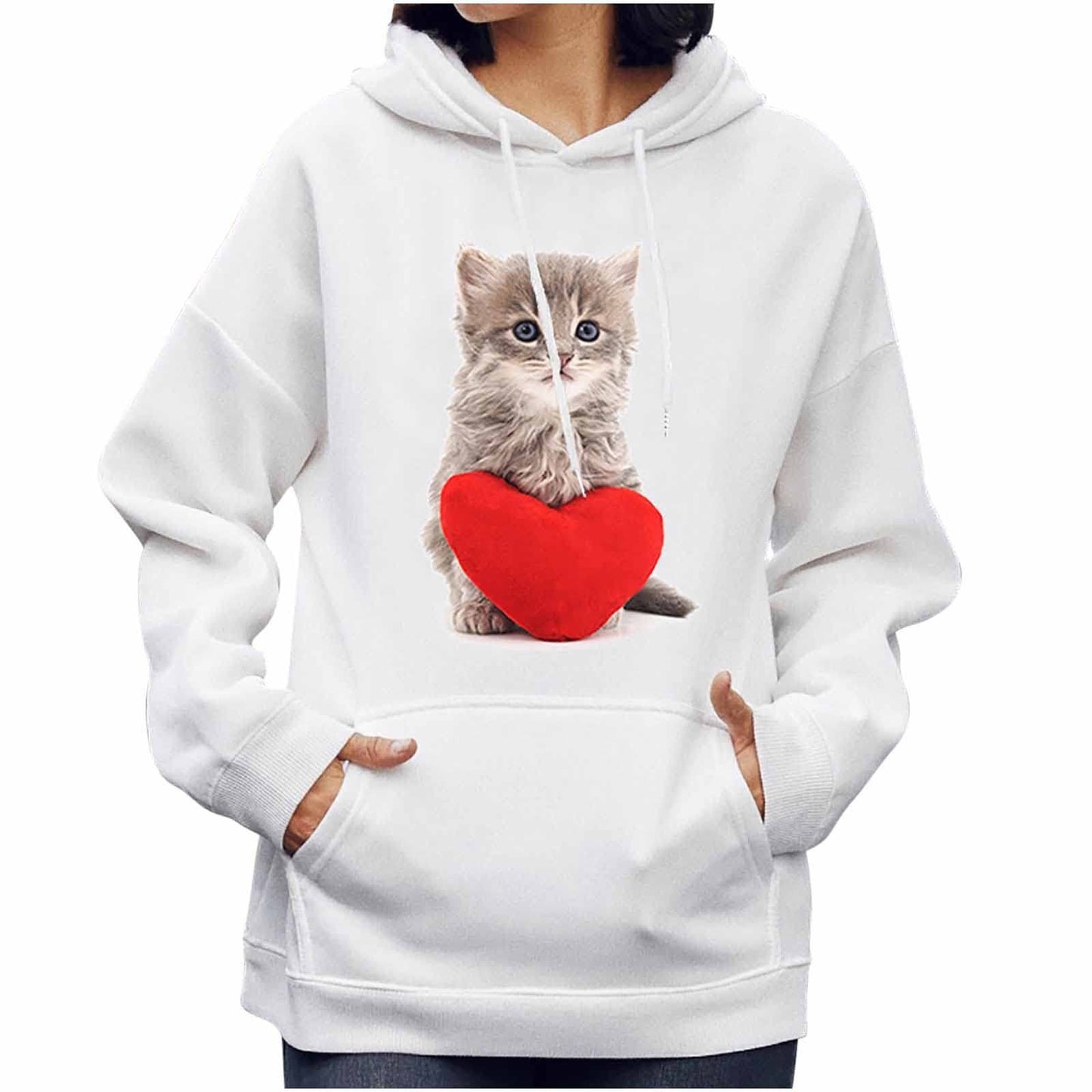 Cat Print Pocket Hoodie-Women’s